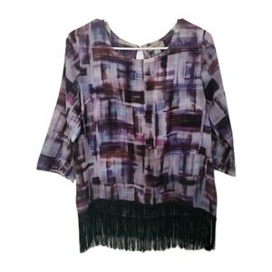 One World Sheer Tunic Top Sz:S Purple Abstract Print Flowy Fringe Hem 3/4 Sleeve